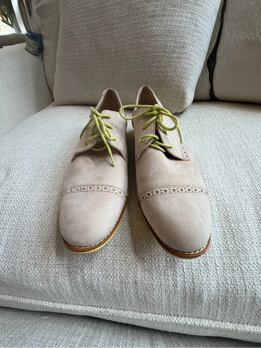 Cole Haan Beige Suede Brogue Oxfords with Lime Green Laces